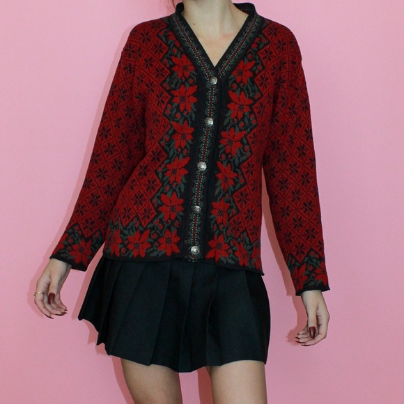 VTG 90s Red/Black Nordic Style Holiday Button-Up Cardigan Sweater Size Small - Picture 6 of 10